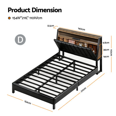 Artiss Double Bed Frame LED Storage Headboard with Charging Station Black