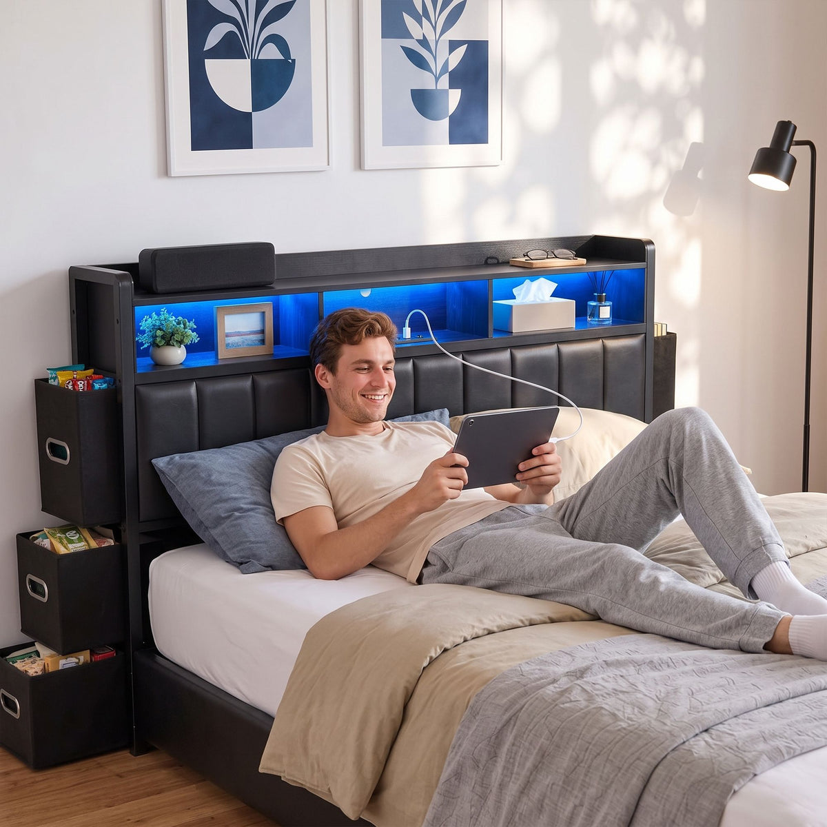Artiss Double Bed Frame with Storage Headboard, 2 Drawers, Charging Station LED Light