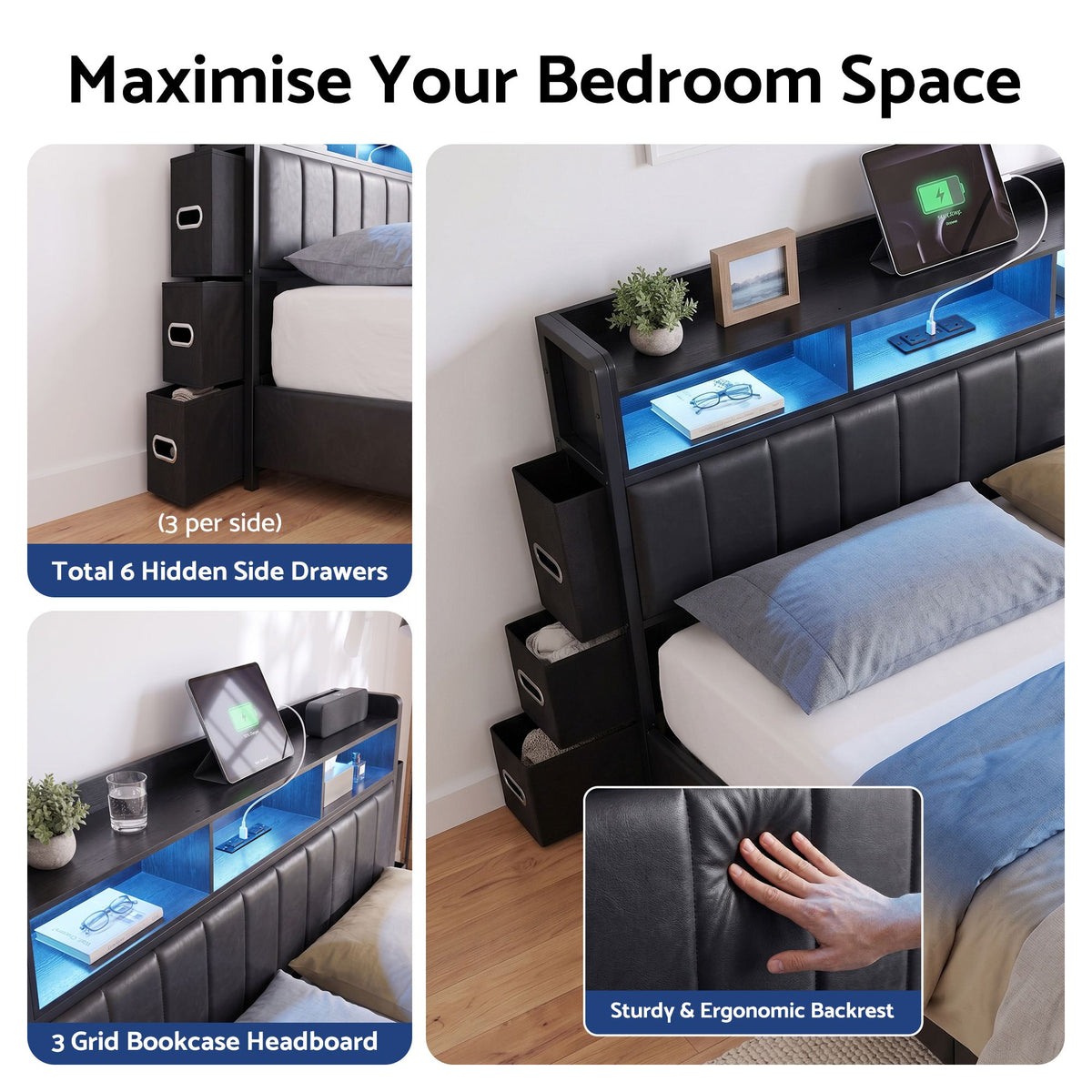 Artiss Double Bed Frame with Storage Headboard, 2 Drawers, Charging Station LED Light
