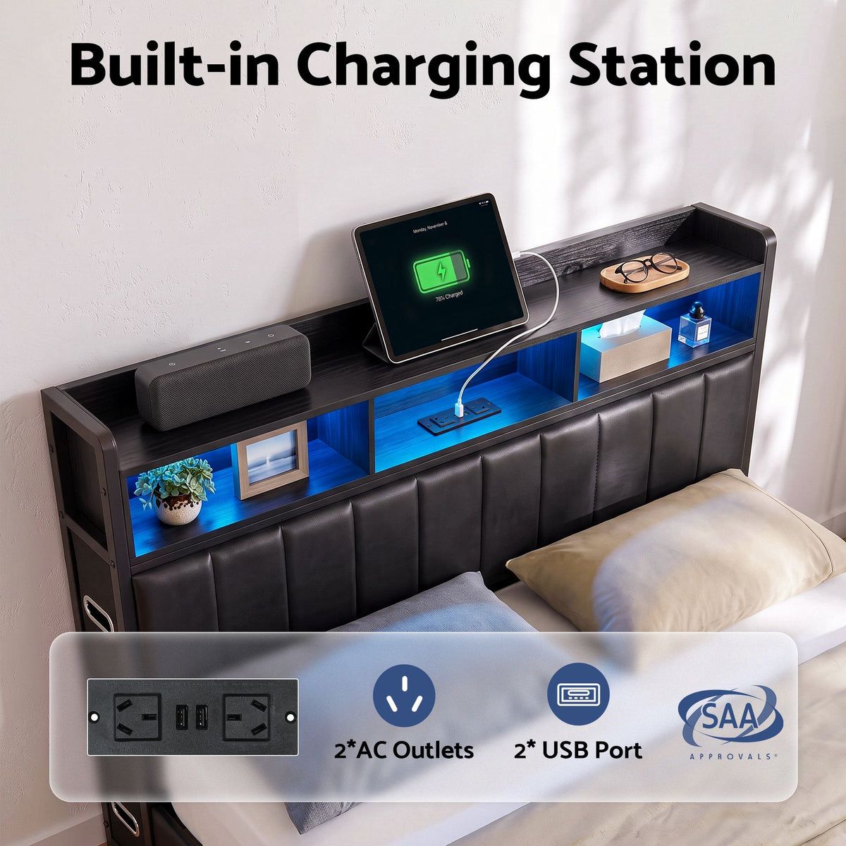 Artiss Double Bed Frame with Storage Headboard, 2 Drawers, Charging Station LED Light