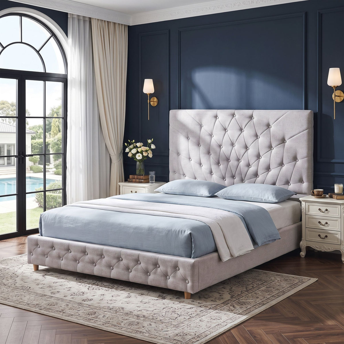 Artiss Double Bed Frame with Tufted Headboard and Plywood Slats Grey