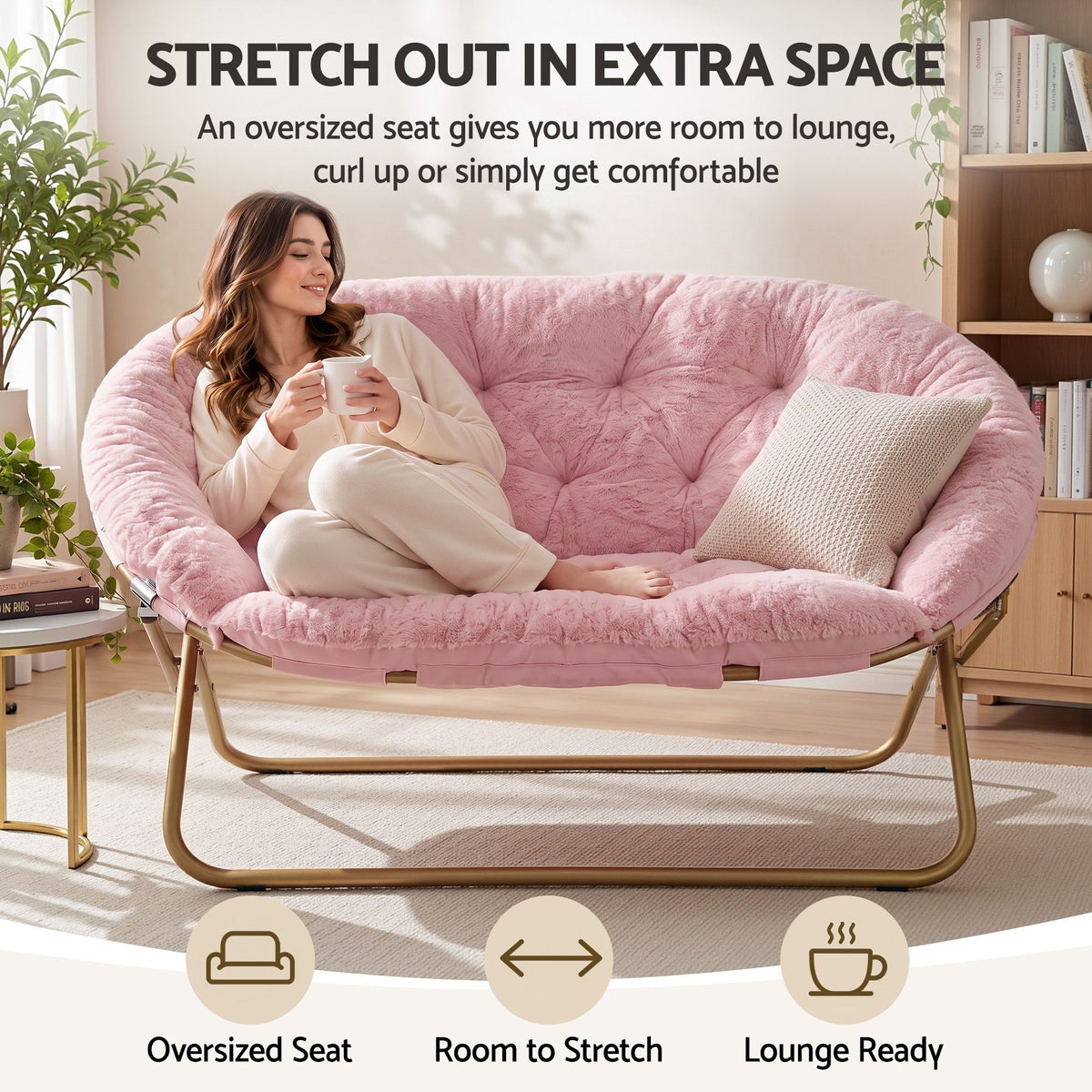 Artiss Double Saucer Chair Soft Faux Fur Lounge Foldable Oversize Chair for Bedroom Pink
