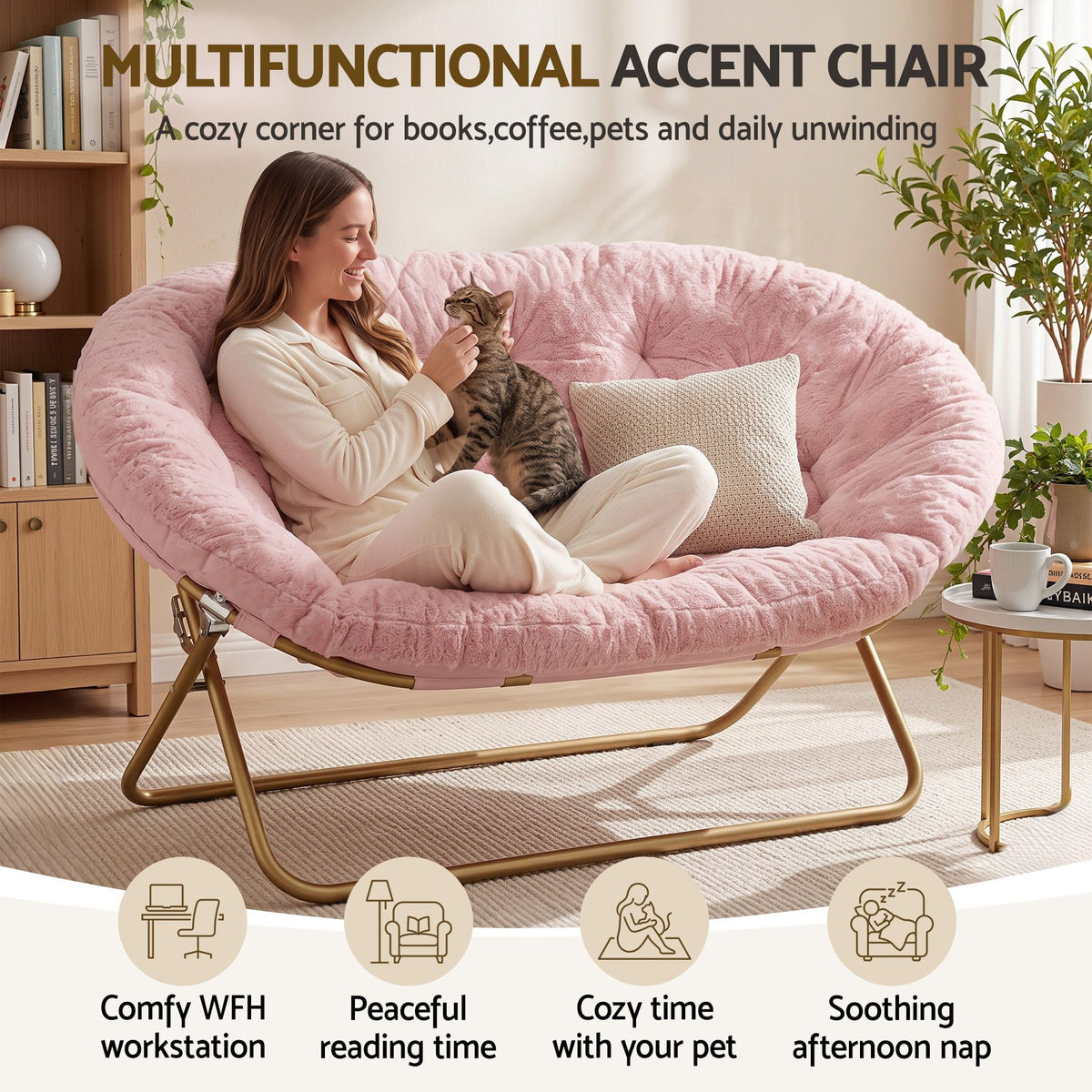 Artiss Double Saucer Chair Soft Faux Fur Lounge Foldable Oversize Chair for Bedroom Pink
