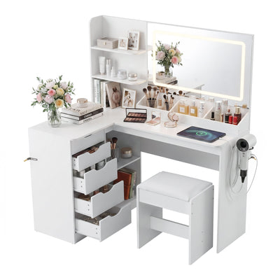 Artiss Dressing Table Corner Vanity Desk Set Stool LED Charging Station White