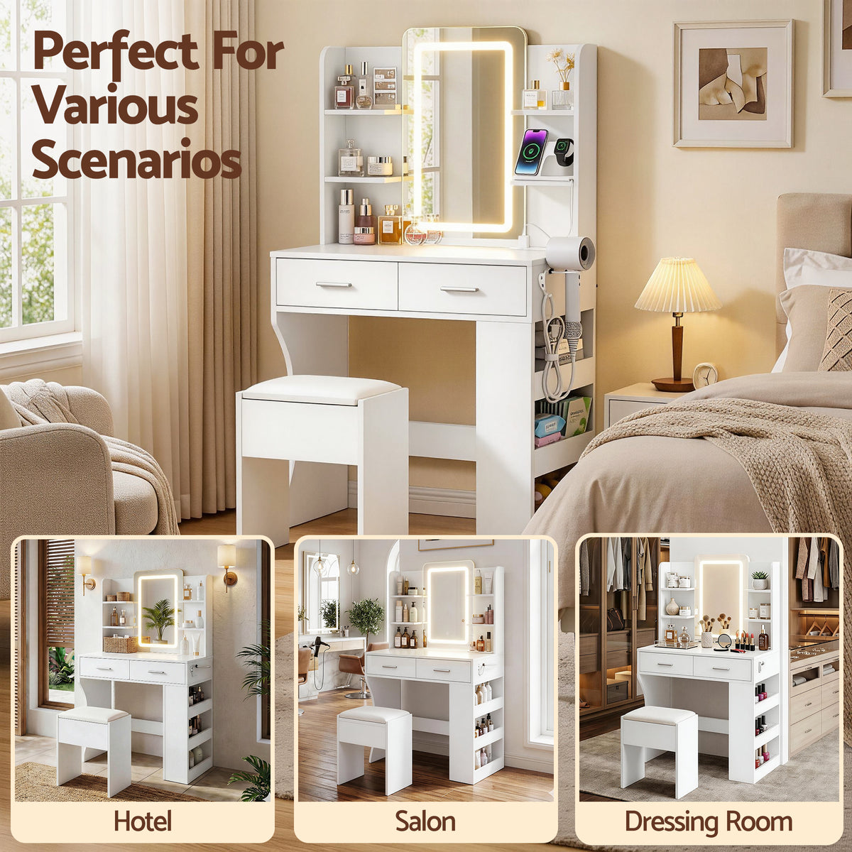 Artiss Dressing Table LED Vanity Desk Set Stool White