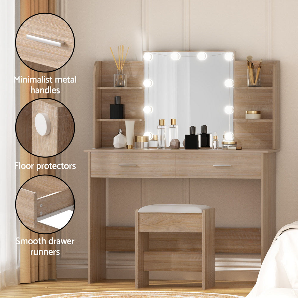 Artiss Dressing Table Set Stool 10 Led Bulbs Wood