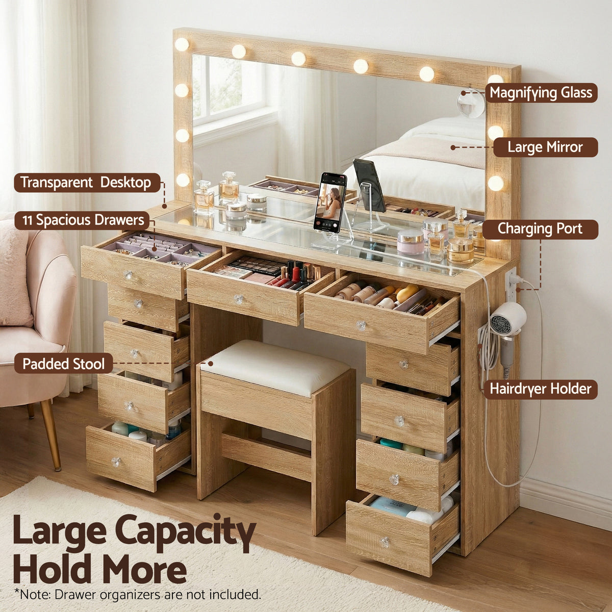 Artiss Dressing Table Vanity Desk Set Stool LED Bulbs Wood