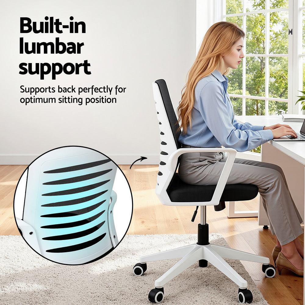 Artiss Ergonomic Office Chair Mesh Computer Desk Chairs with Lumbar Support, Height Adjustment Swivel Chair Mid Back for Home Office Study, Black and White