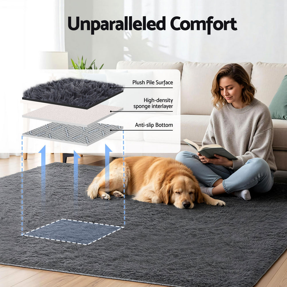 Artiss Floor Rug 200x230cm Plush Area Shaggy Rug Living Room Bedroom Carpet Grey