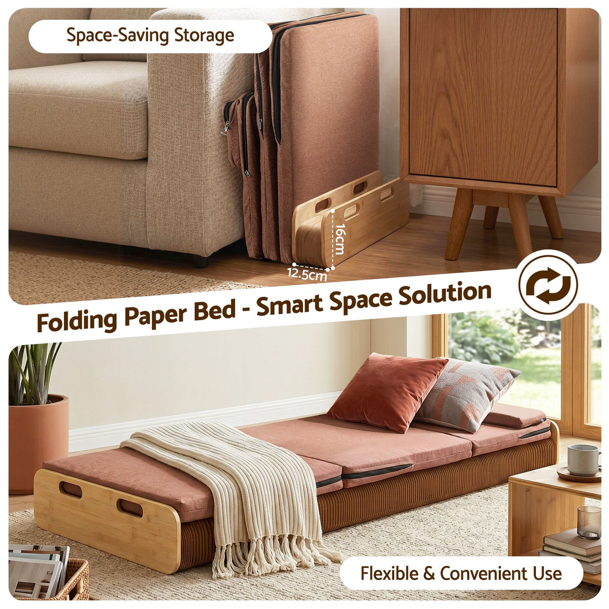 Artiss Folding Kraft Paper Bed Frame with Mattress and Pillow 300kg Capacity 200x60cm