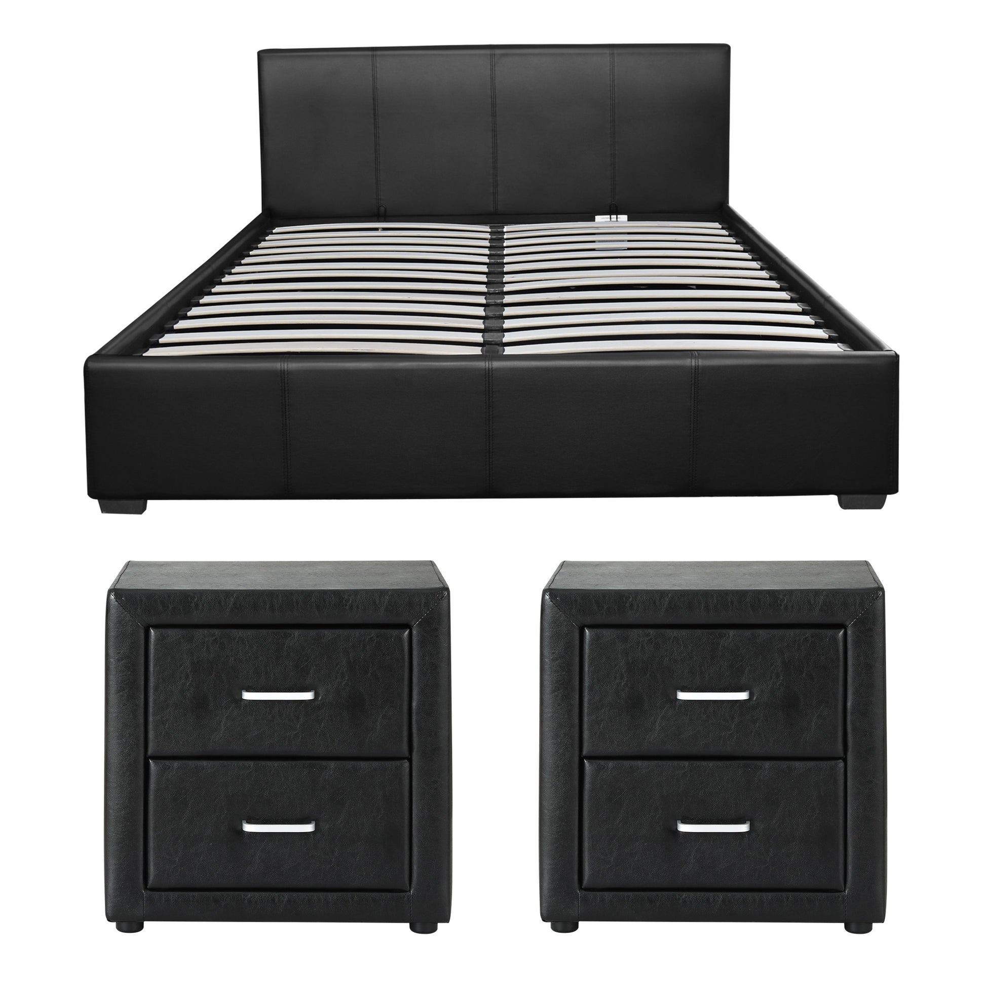 Artiss Gas Lift Queen Bed Frame and 2 Bedside Table Set Leather Black