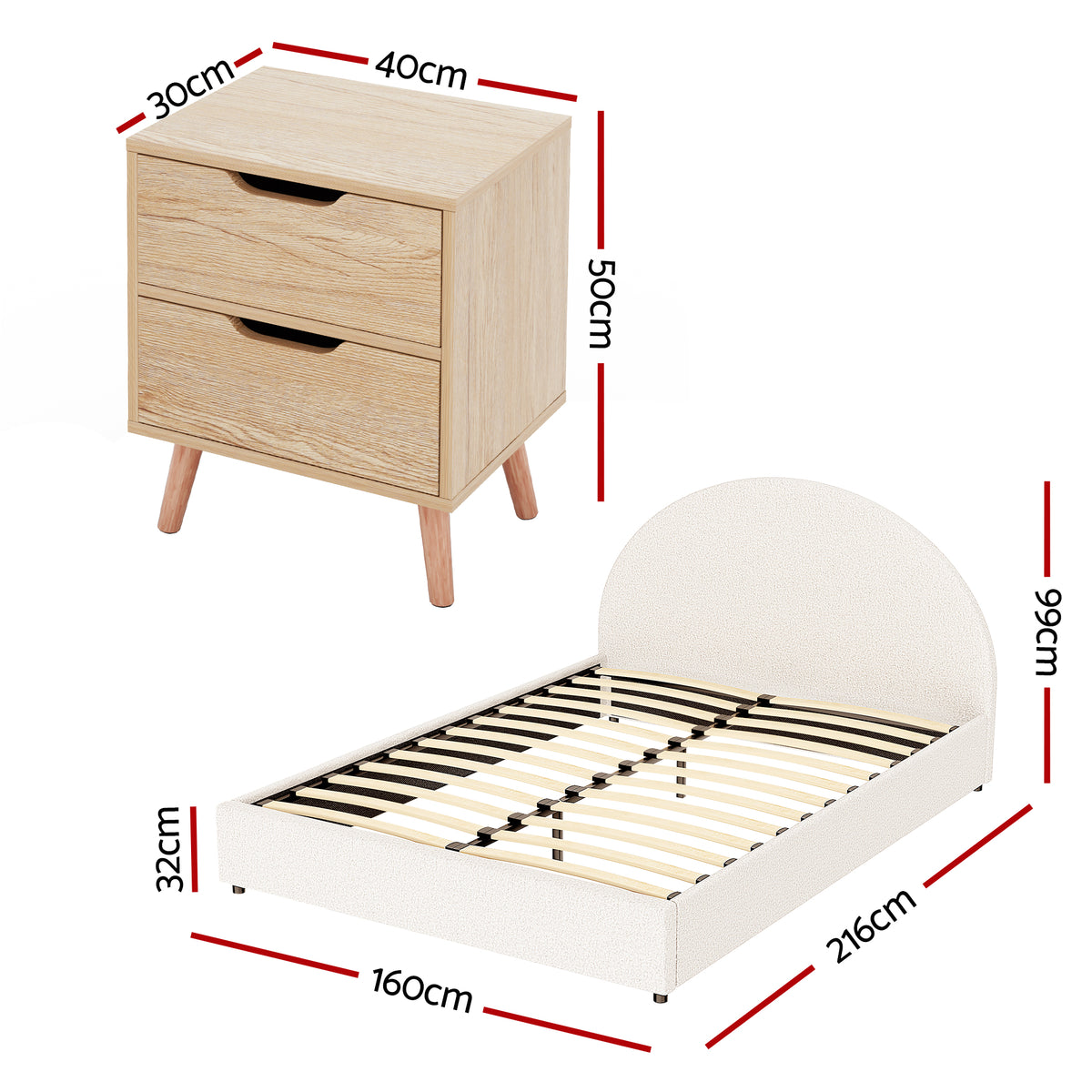 Artiss Gas Lift Queen Bed Frame with Bedside Table Set Boucle Fabric Upholstered Platform Bed Nightstand
