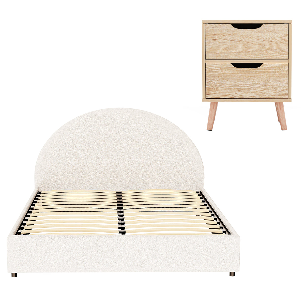 Artiss Gas Lift Queen Bed Frame with Bedside Table Set Boucle Fabric Upholstered Platform Bed Nightstand