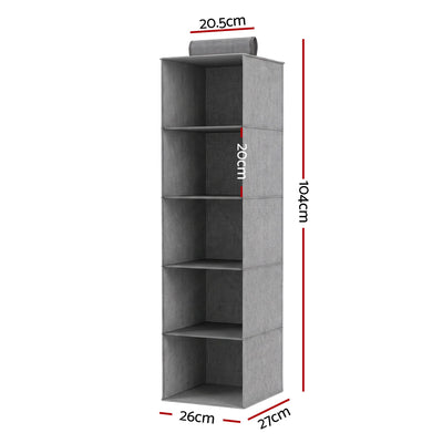 Artiss Hanging Closet Organiser 5 Tier Wardrobe Storage Grey 104cm