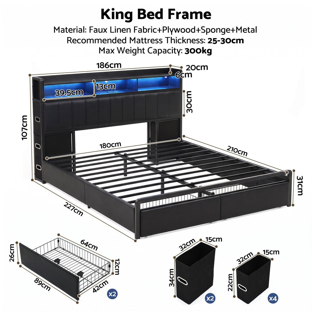 Artiss King Bed Frame with Storage Headboard, 2 Drawers, Charging Station & LED Light