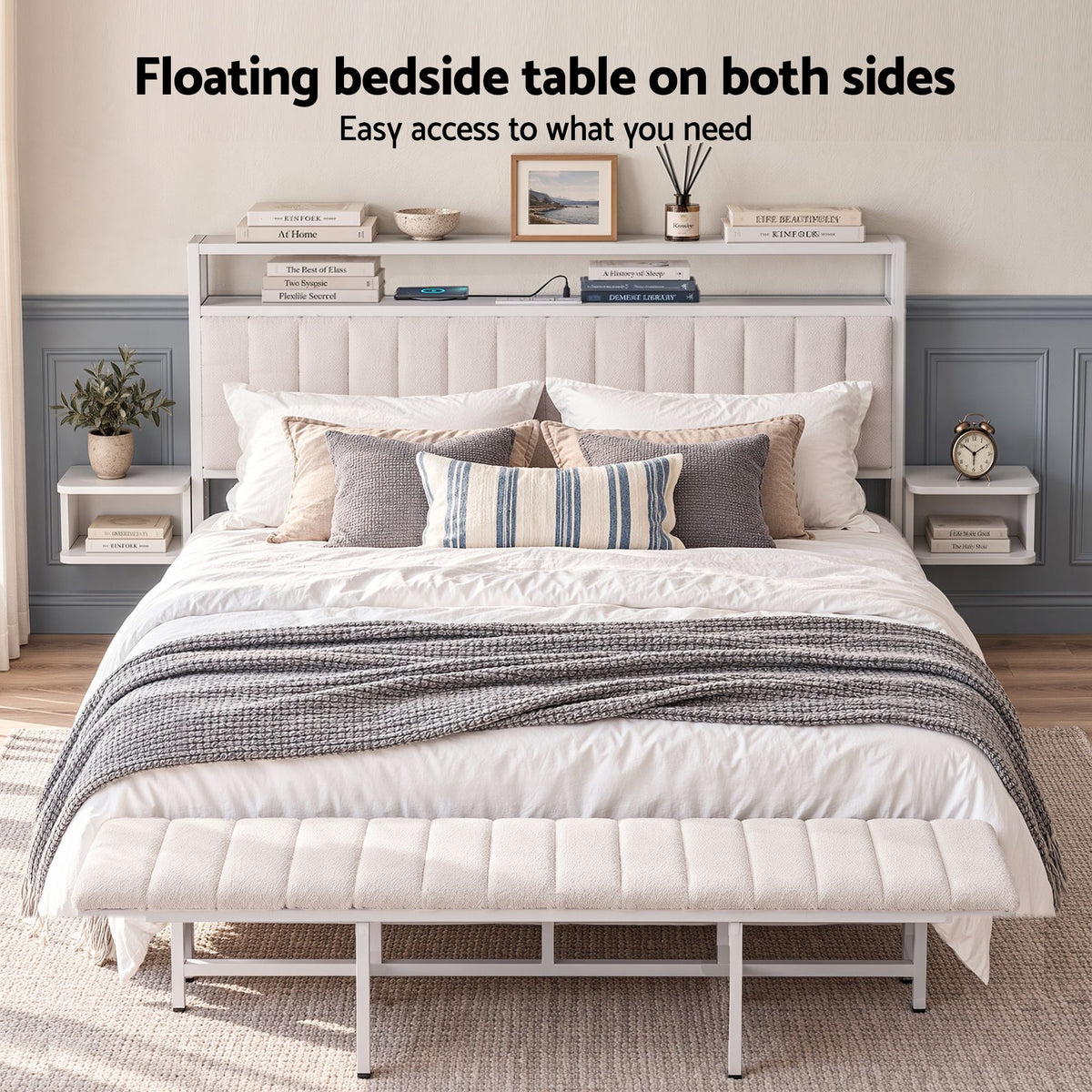 Artiss King Metal Bed Frame Boucle Headboard Charging Station Side Table White