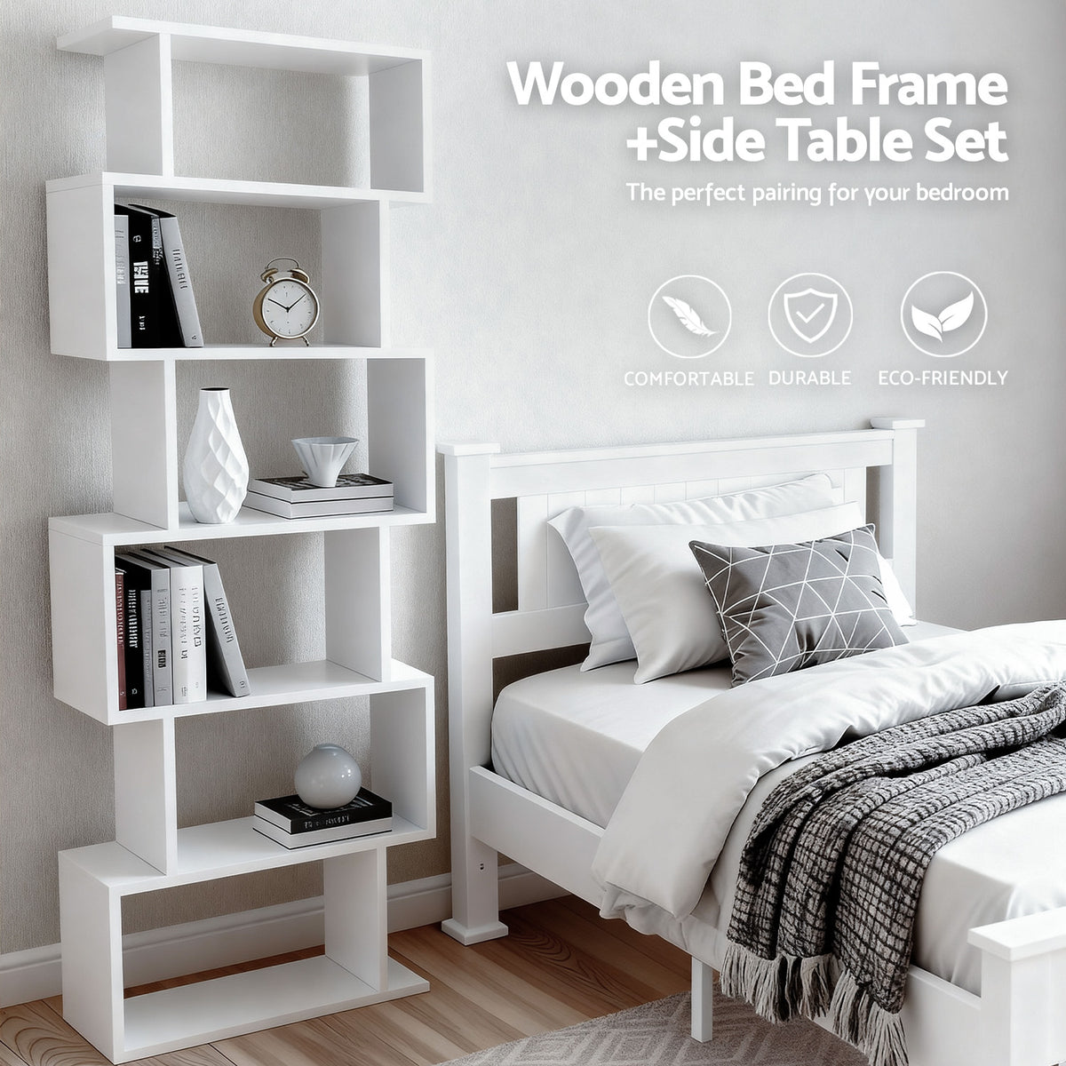 Artiss King Single Bed Frame and Bookshelf