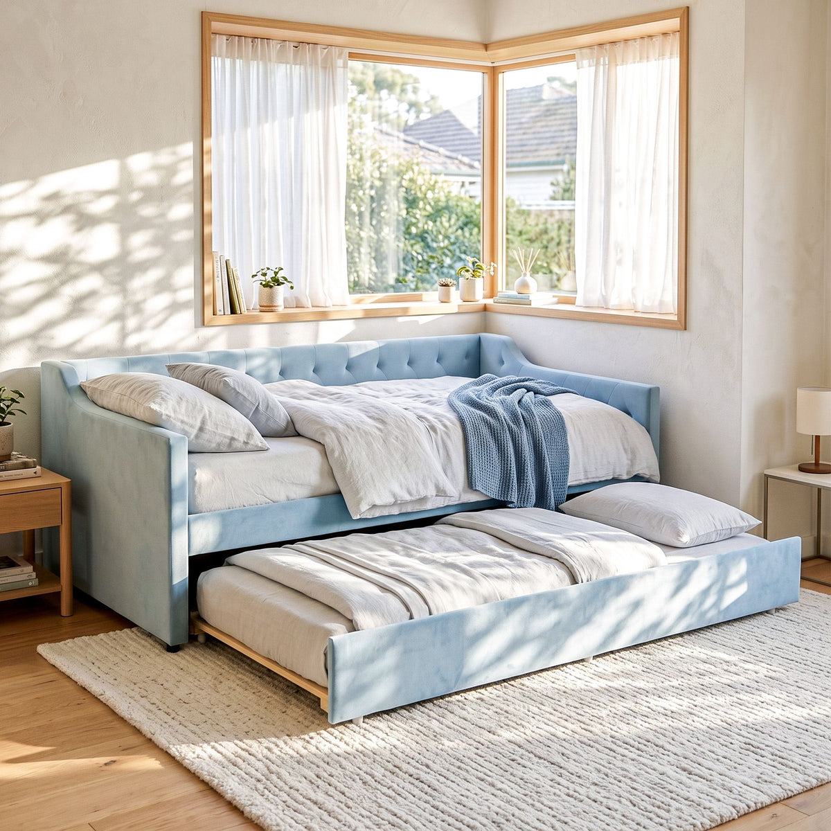 Artiss King Single Buttonless Tufted Daybed with Pull-Out Trundle, Light Blue