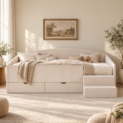 Artiss King Single Upholstered Daybed with Stairs & Storage Drawers, Beige
