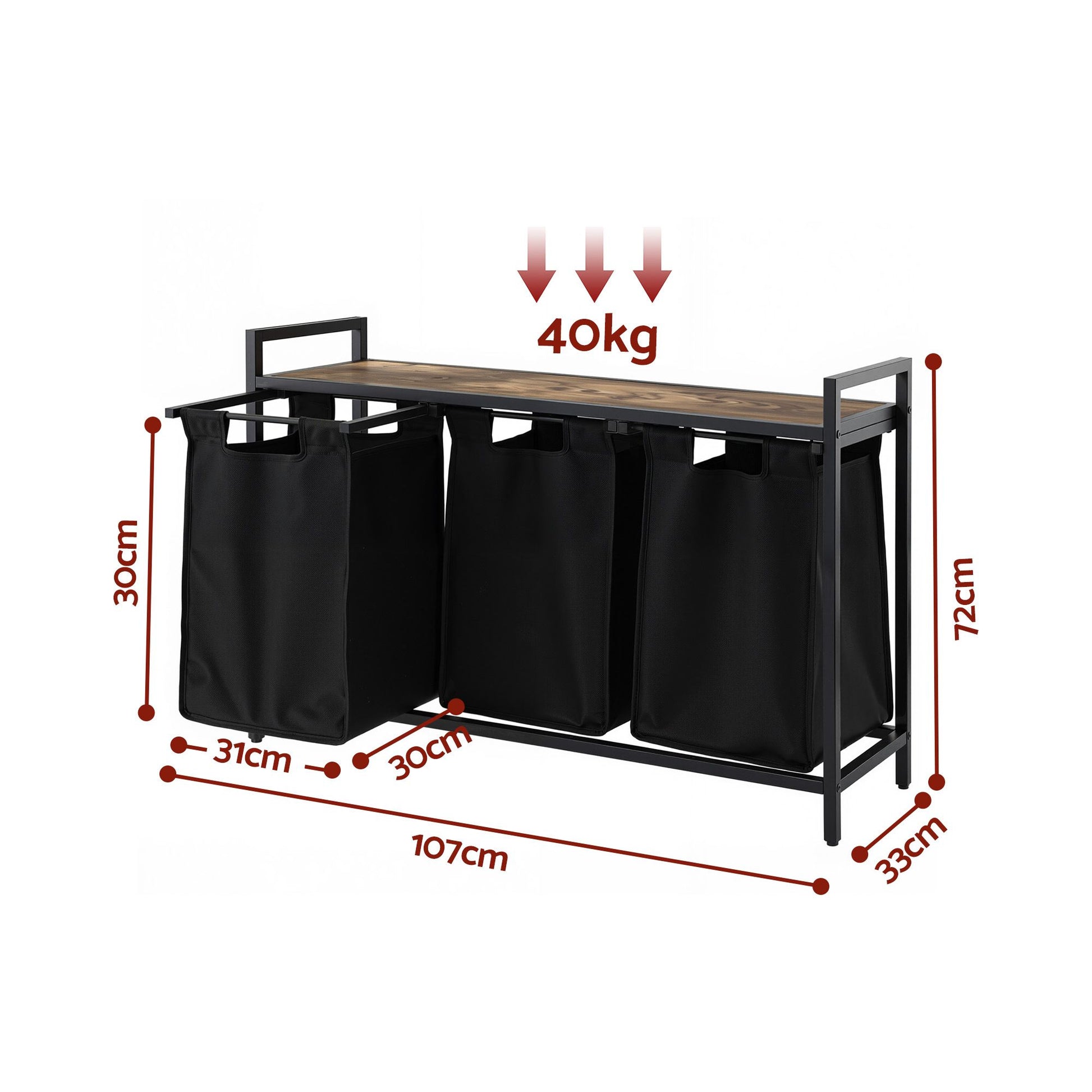 Artiss Laundry Basket with 3 Pull-out Bags Metal Frame Black