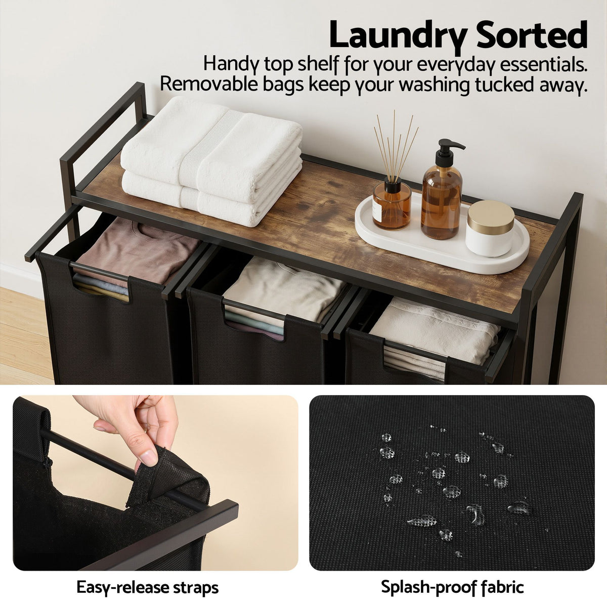 Artiss Laundry Basket with 3 Pull-out Bags Metal Frame Black