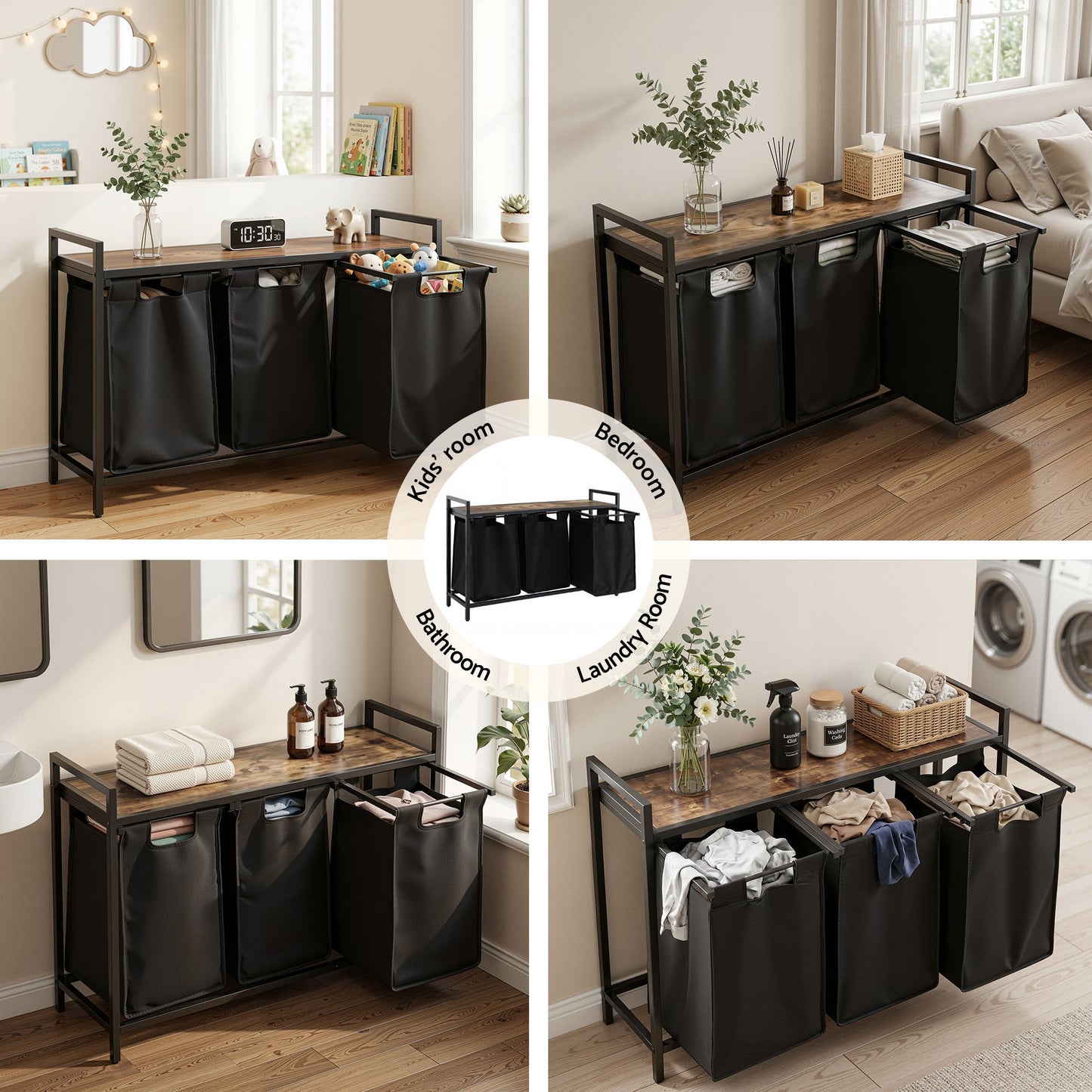 Artiss Laundry Basket with 3 Pull-out Bags Metal Frame Black