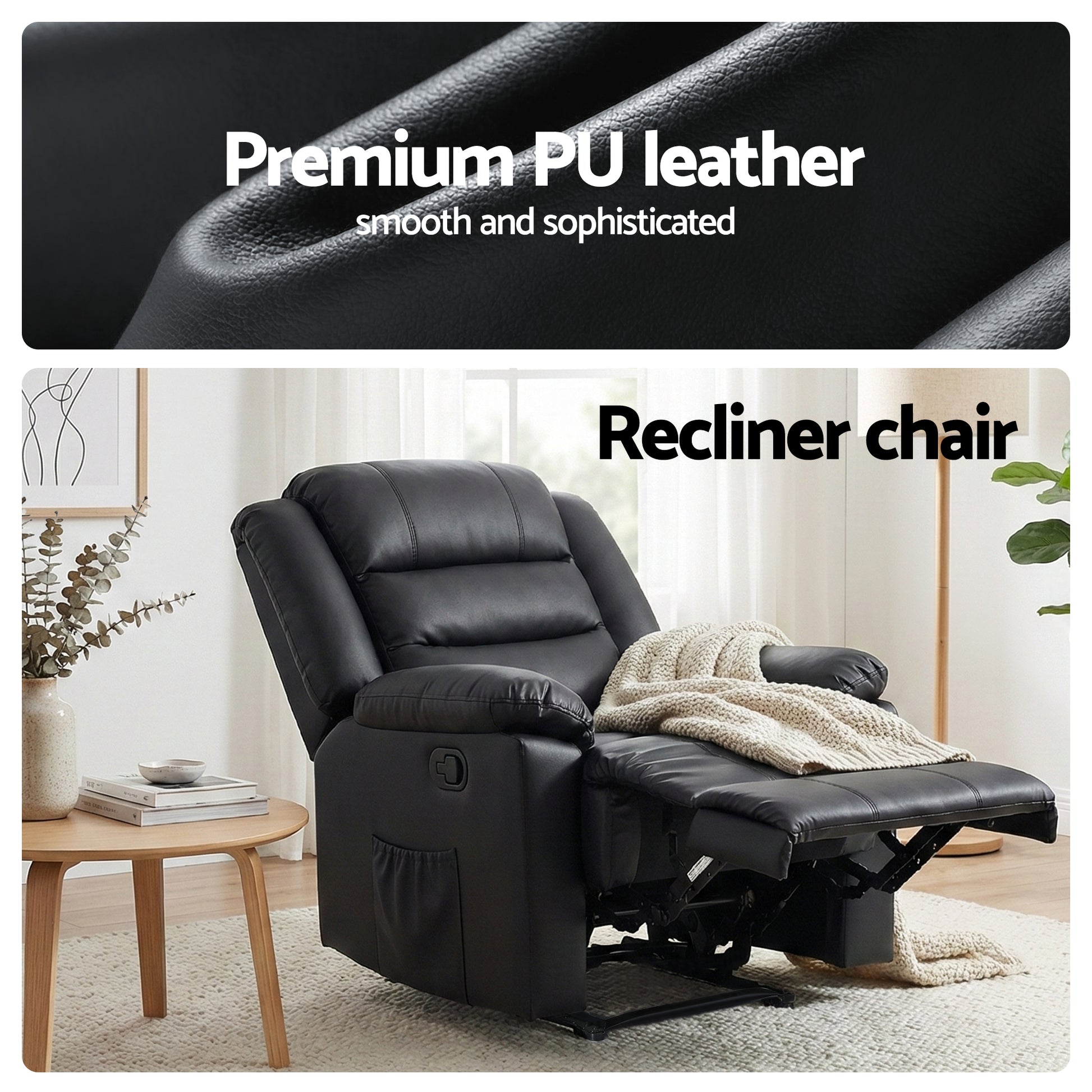 Artiss Manual Recliner Chair Leather Reclining Sofa with 16color Led Black
