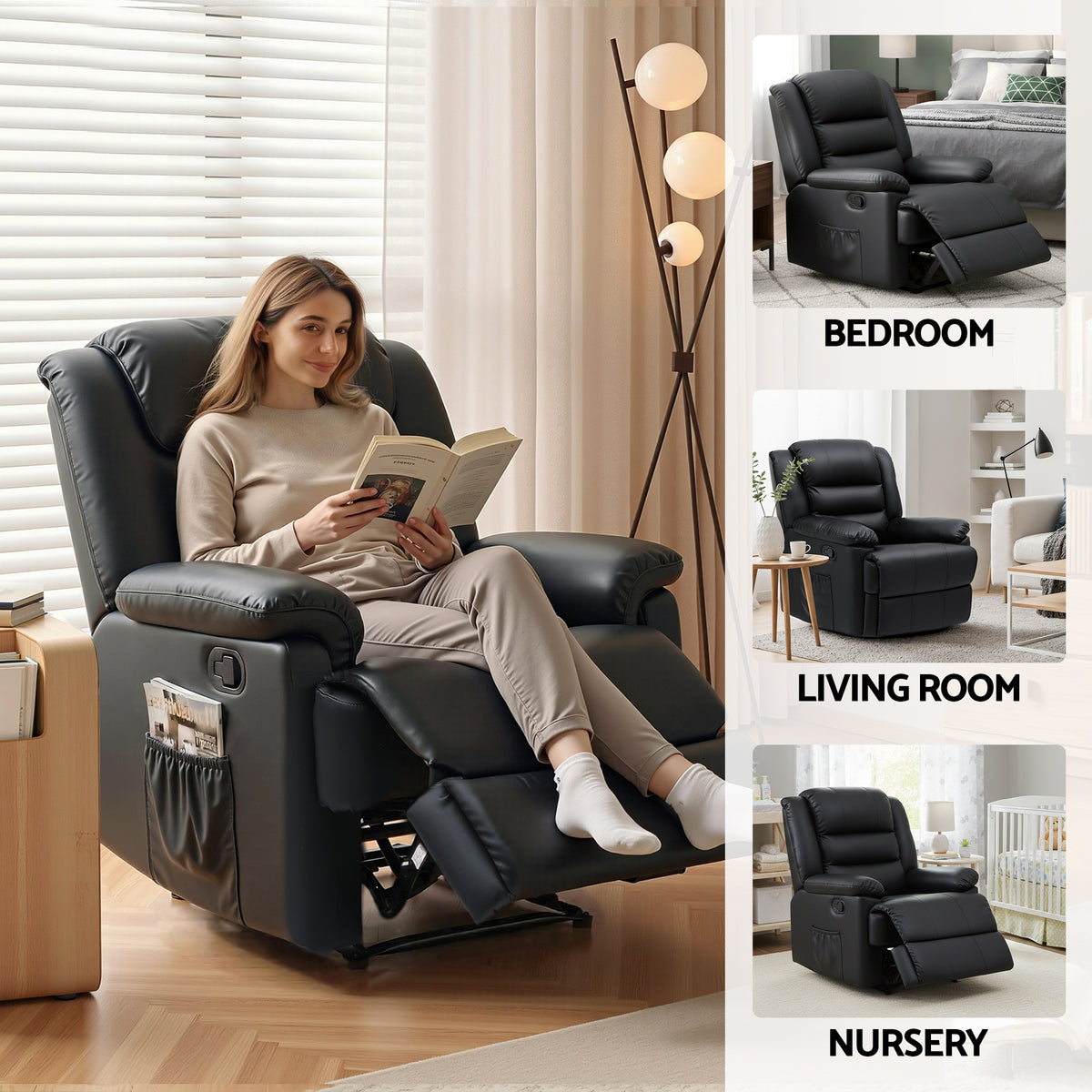Artiss Manual Recliner Chair Leather Reclining Sofa with 16color Led Black