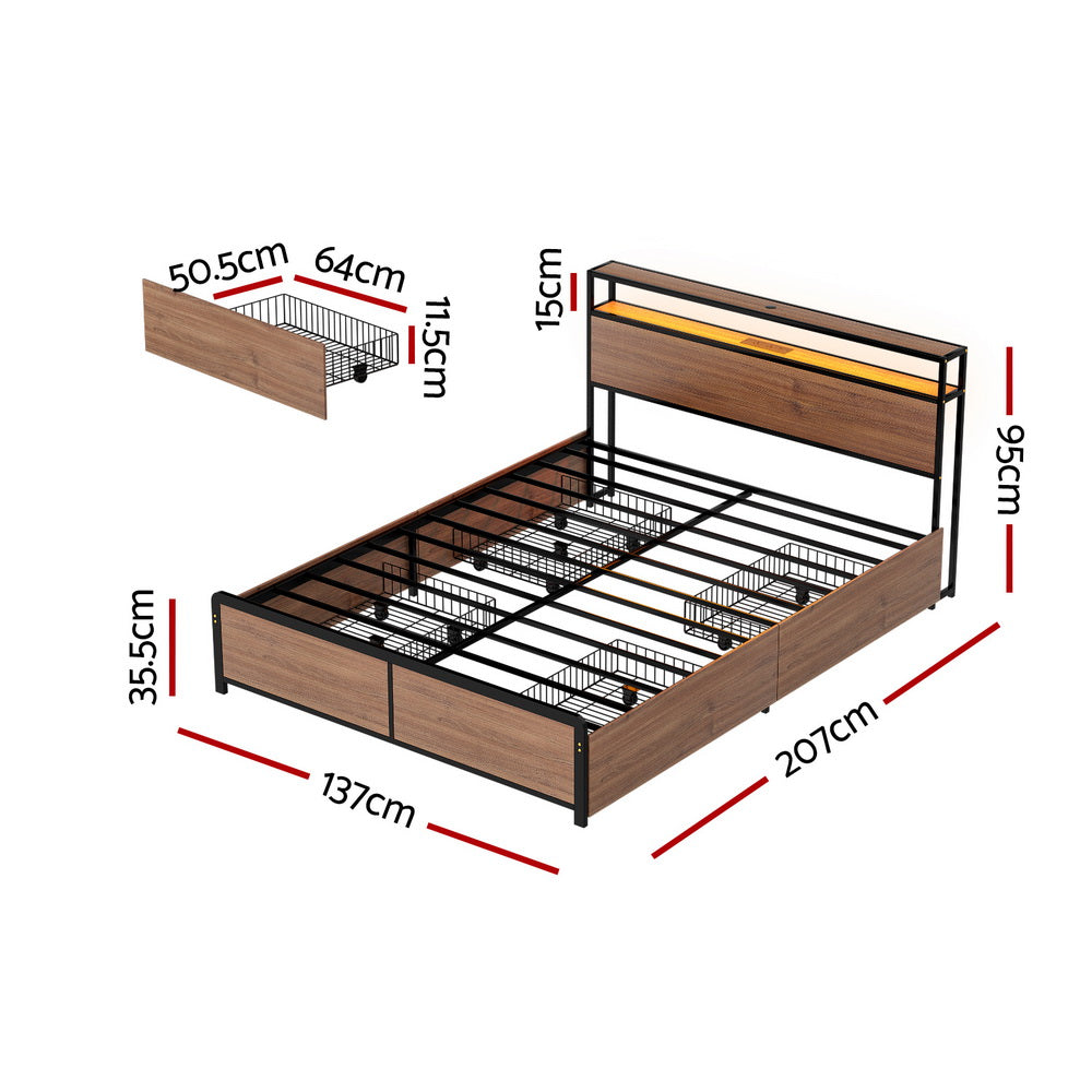 Artiss Metal Bed Frame Double Size LED Storage Headboard USB Charge 4 Drawers