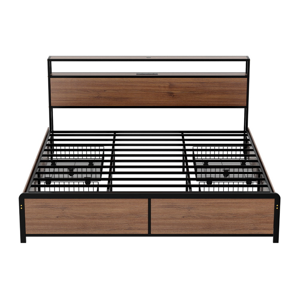 Artiss Metal Bed Frame King Size LED Storage Headboard USB Charge 4 Drawers