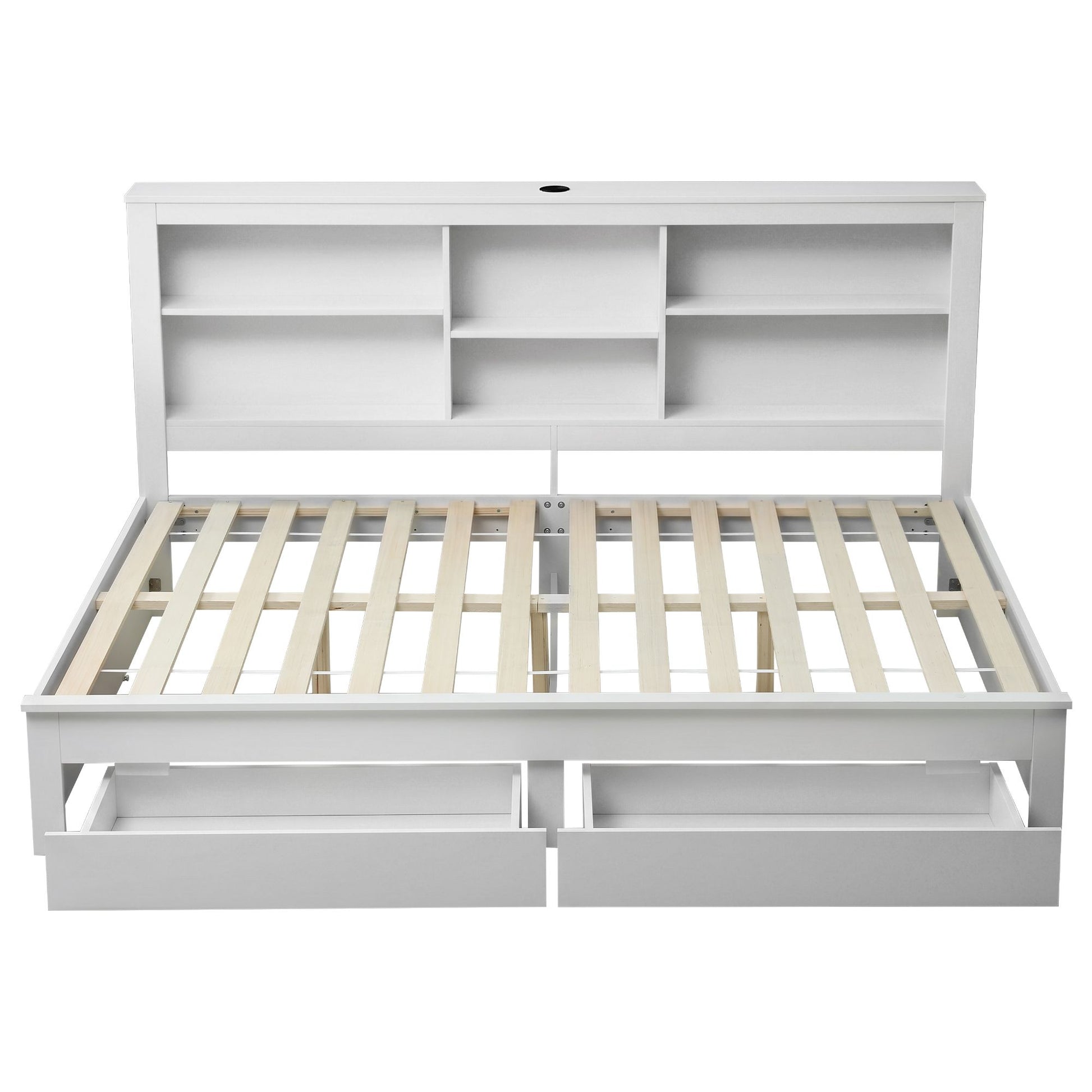 Artiss Noise-Free White Farmhouse Solid Wood Double Platform Bed Frame with Storage Headboard, Charging Station and Drawers for Bedroom and Apartment