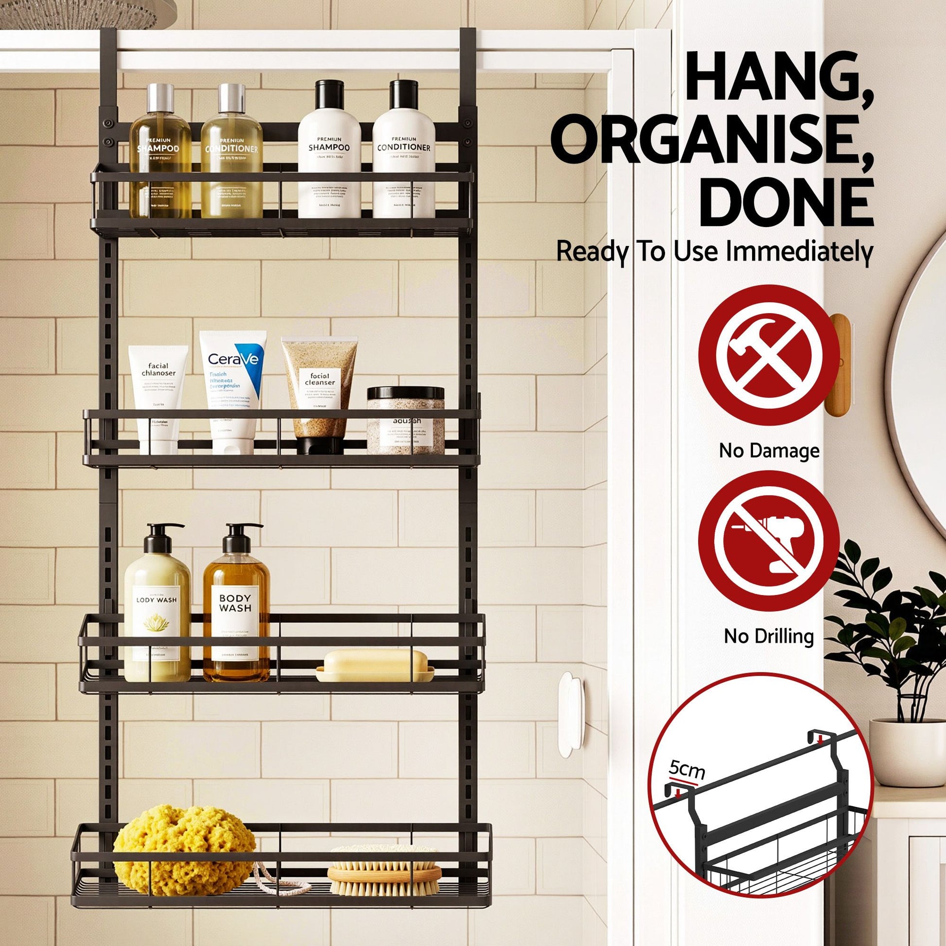 Artiss Over Door Bathroom Rack Hanging Organiser 4 Tier No Drill 91cm Black