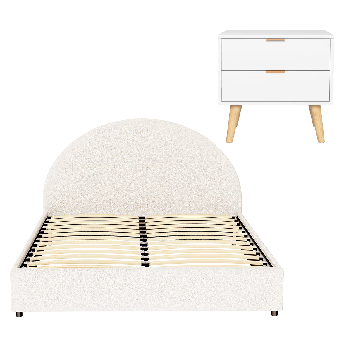Artiss Queen Bed Frame Bedside Table Set Gas Lift Storage Base with Boucle Fabric Upholstered Headboard 2 Drawer Nightstand for Bedroom Furniture