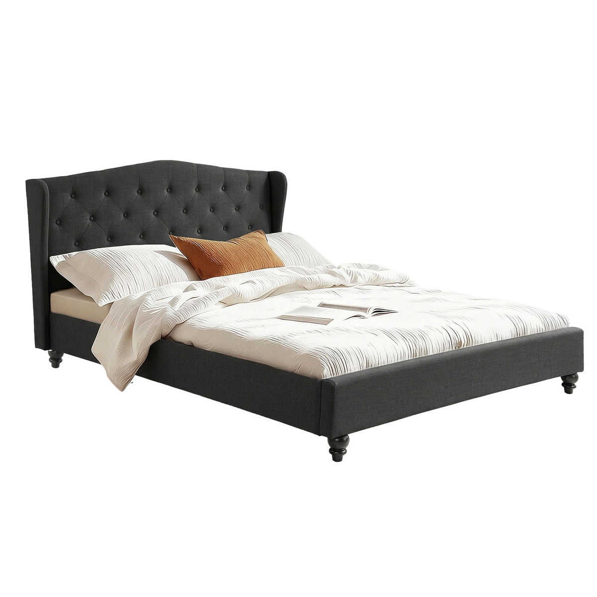 Artiss Queen Bed Frame Wingback Headboard Charcoal Grey Linen Upholstered Platform Bed Base