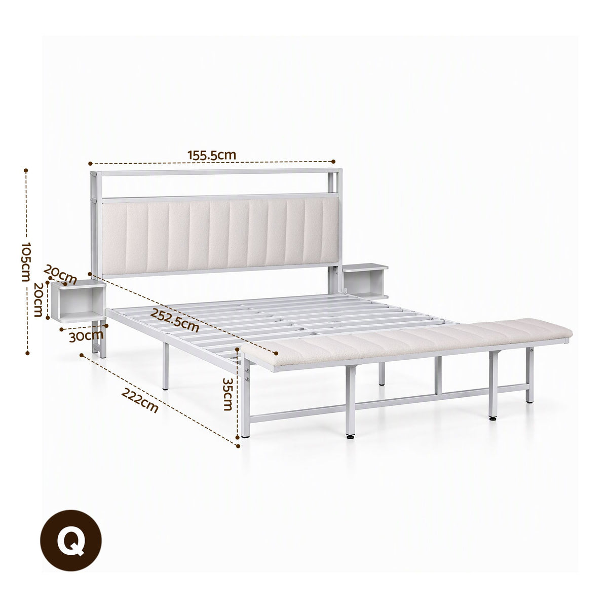 Artiss Queen Metal Bed Frame Boucle Headboard Charging Station Side Table White