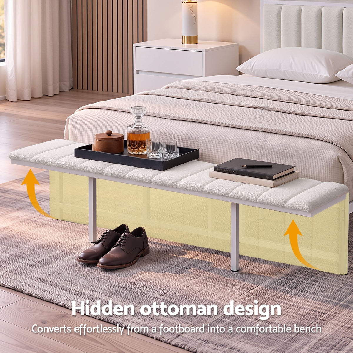 Artiss Queen Metal Bed Frame Boucle Headboard Charging Station Side Table White