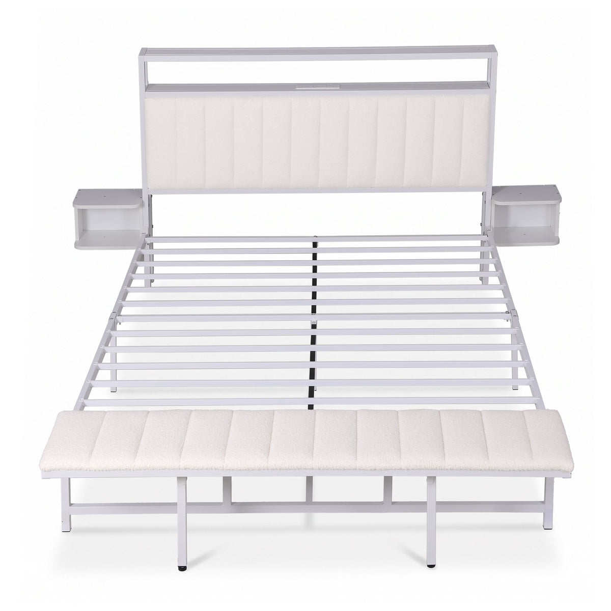 Artiss Queen Metal Bed Frame Boucle Headboard Charging Station Side Table White