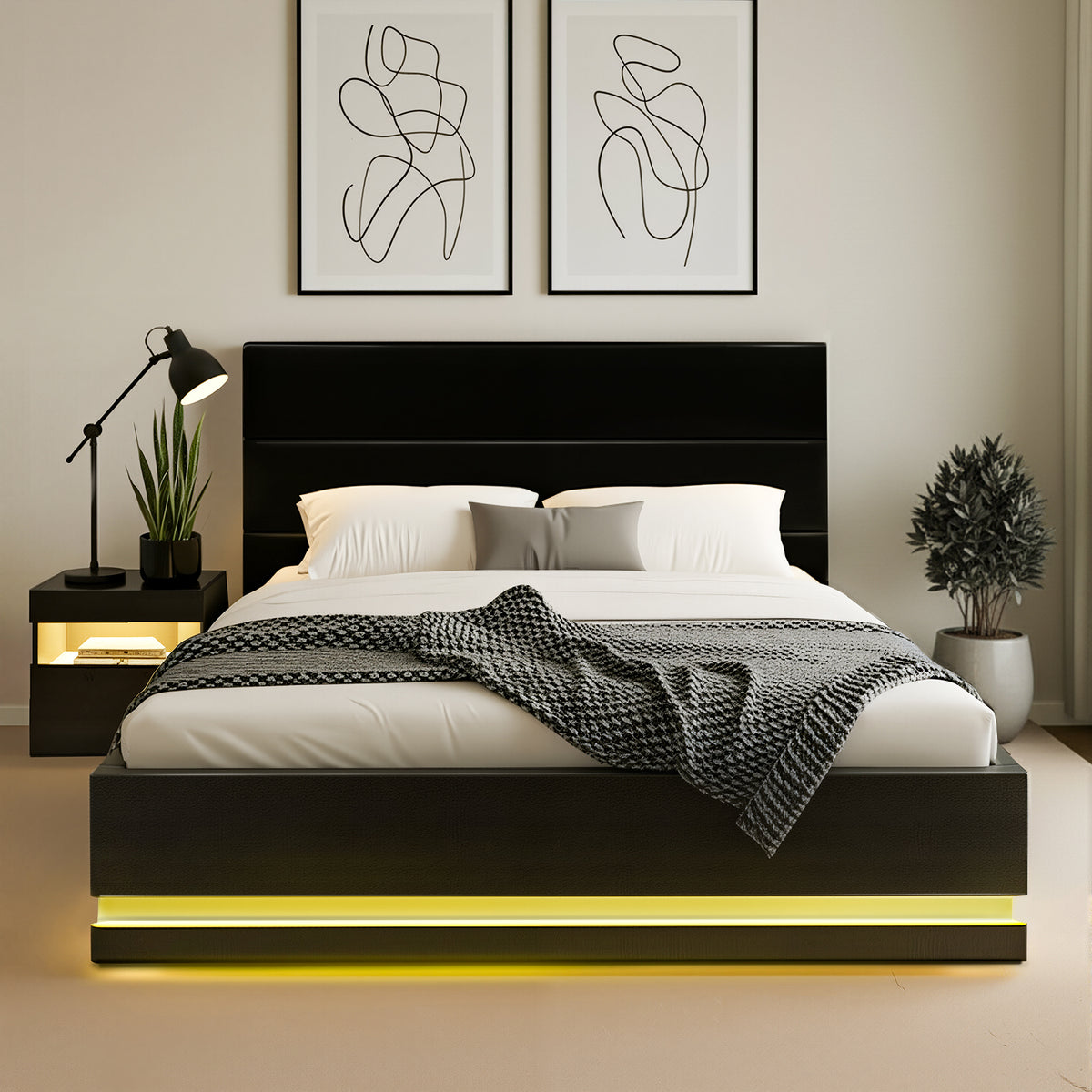 Artiss RGB LED Double Bed Frame with Beside Table Set 16 Colour Mood Lighting