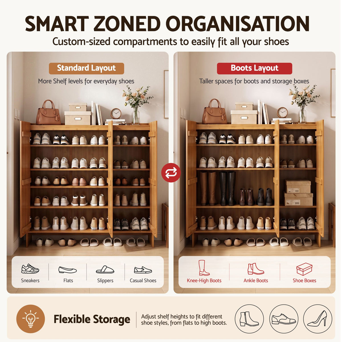 Artiss Shoe Cabinet Versatile Door 24 Pairs Shoe Storage Cupboard Bamboo