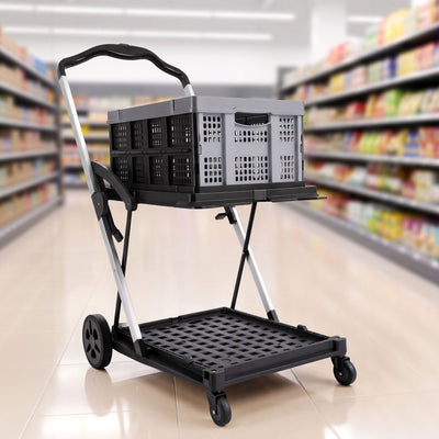 Artiss Shopping Trolley with Wheels 2 Layer w/1 Crate Foldable Trolley Grey