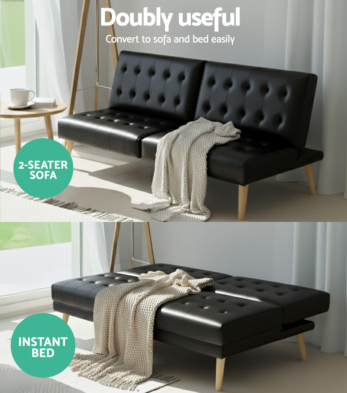 Artiss Sofa Bed Couch 1 Seater Lounge Fabric Black
