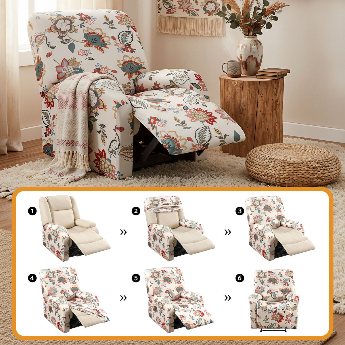 Artiss Split Stretch Recliner Chair Cover, Printed Non Slip Pet Friendly Washable Slipcover for Single Armchair