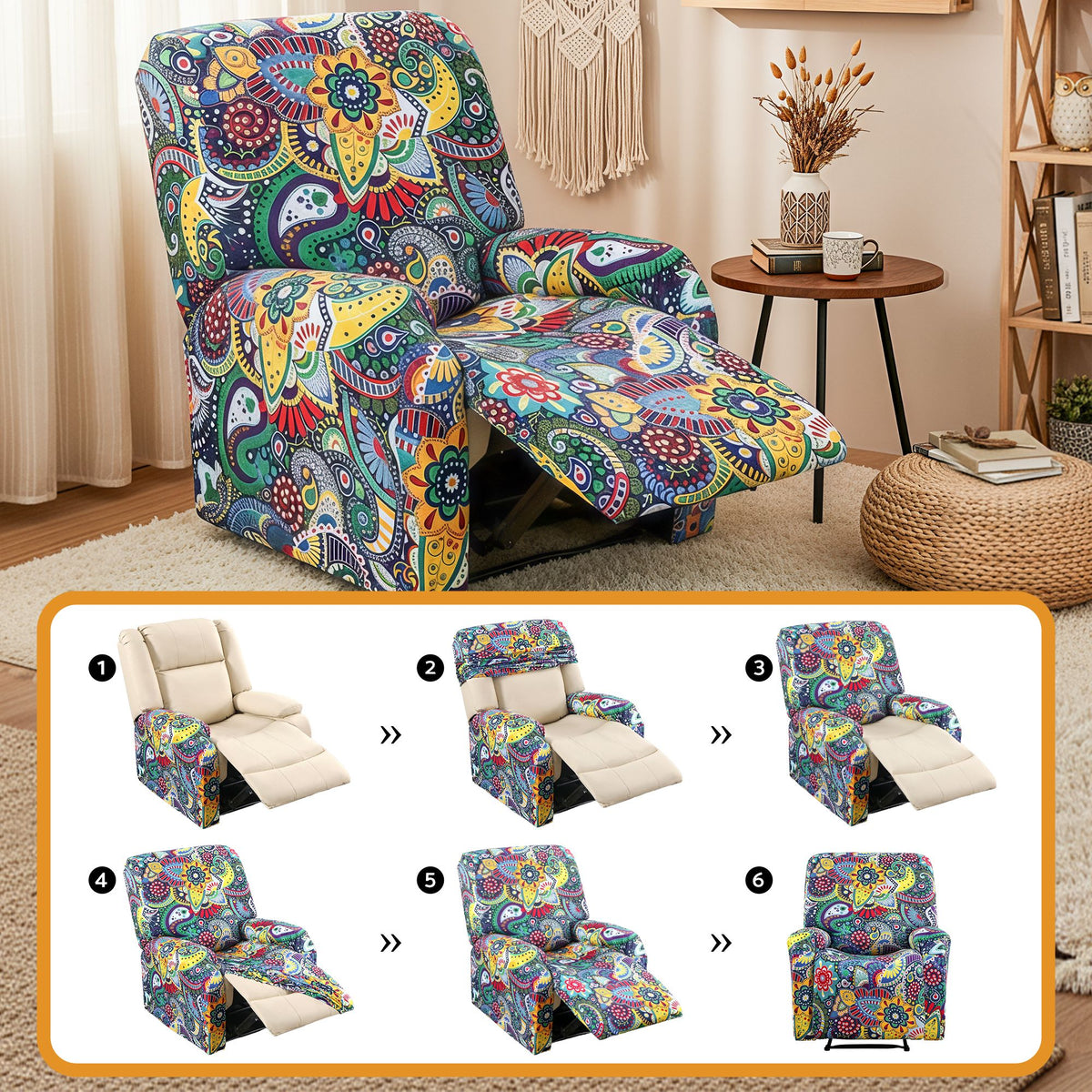 Artiss Split Stretch Recliner Chair Cover, Printed Non Slip Slipcover