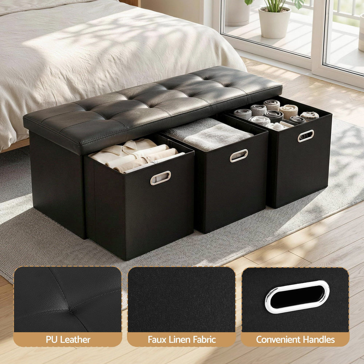 Artiss Storage Ottoman with 3 Cube Drawers Foot Stool Rest Foldable Black