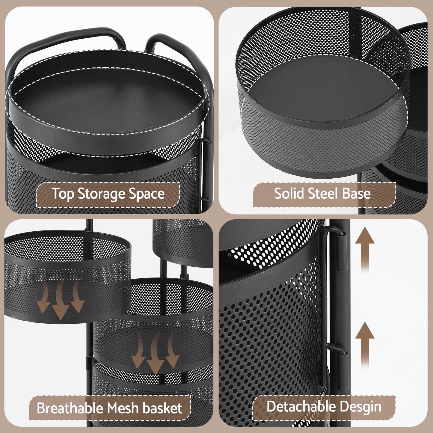 Artiss Storage Trolley Kitchen Cart 5 Tiers Storage Rack Round Basket Black