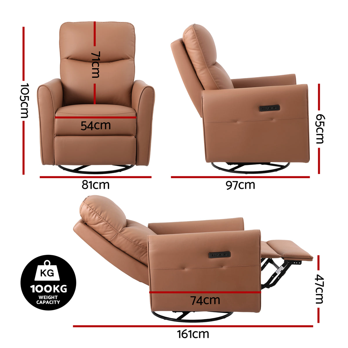 Artiss Swivel Recliner Chair PU Leather Rocking Reclining Sofa with Charging Ports LED Brown