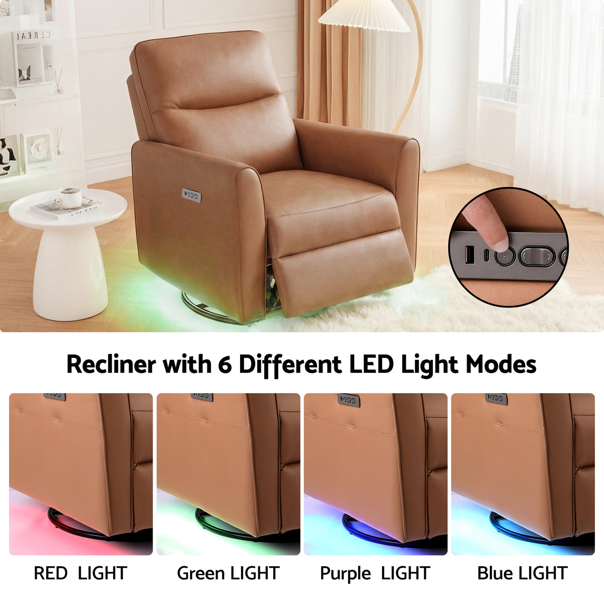 Artiss Swivel Recliner Chair PU Leather Rocking Reclining Sofa with Charging Ports LED Brown