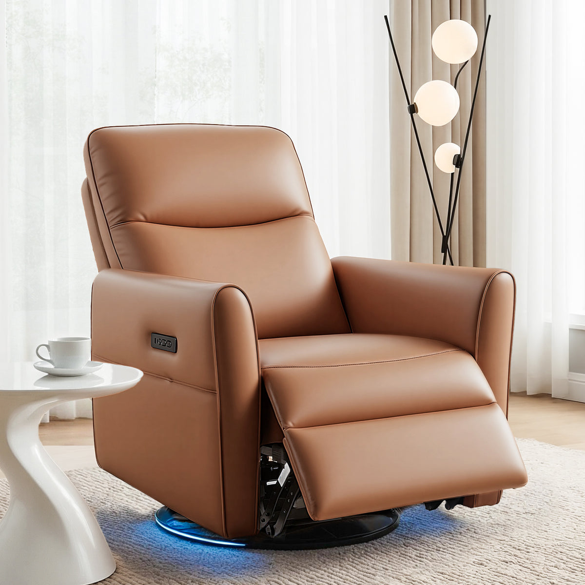 Artiss Swivel Recliner Chair PU Leather Rocking Reclining Sofa with Charging Ports LED Brown