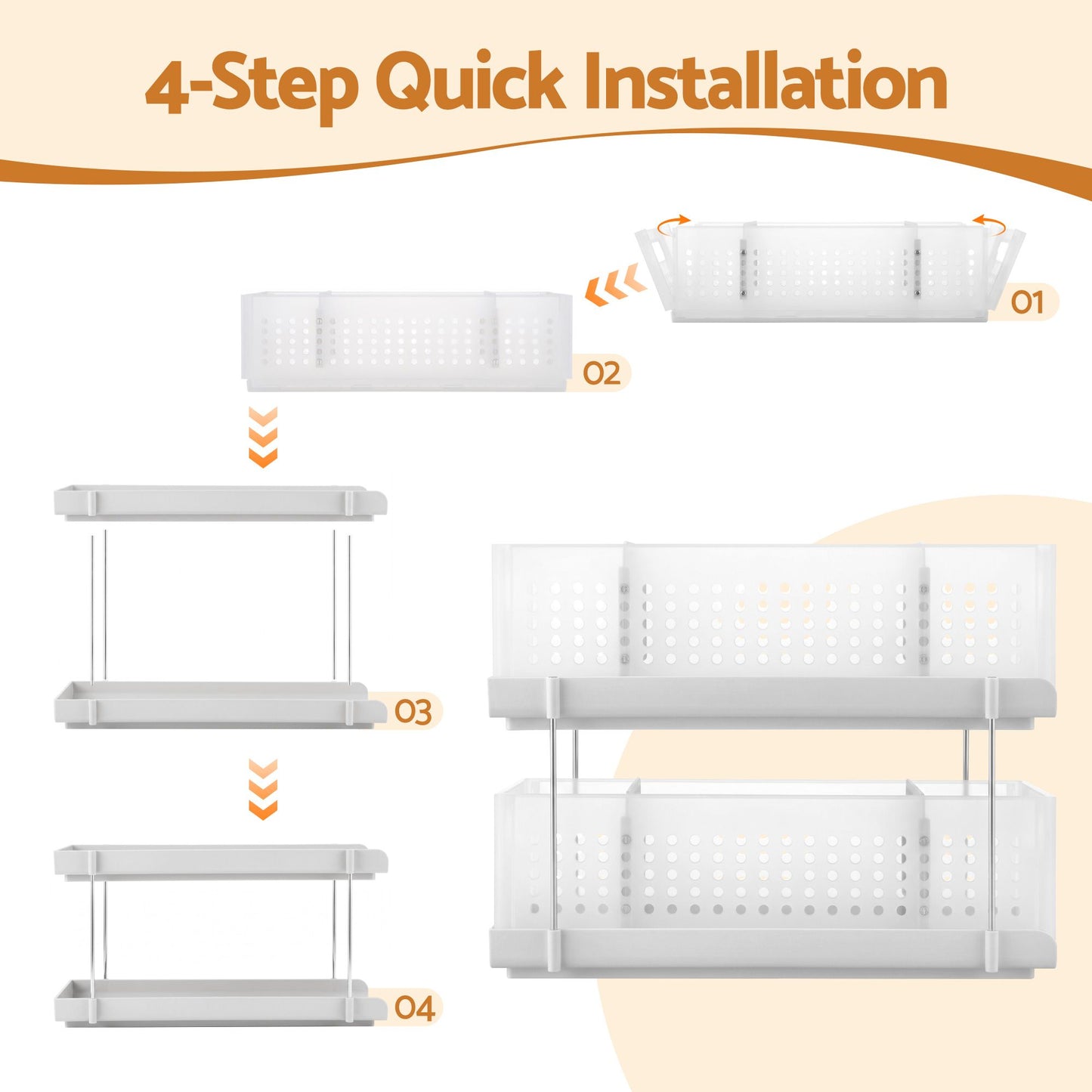 Artiss Under Sink Organizer 2 Tier Pull Out Drawer with Removable Baskets & Divider White