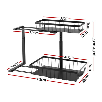 Artiss Under Sink Organizer Storage with 2 Slide Out Drawers 5 Adjustable Height Bathroom Kitchen Cabinet Black